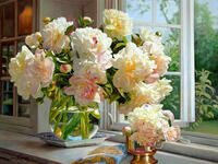 Без бренда «Ваза с букетом белых пионов у окна» в Комсомольске-на-Амуре в интернет-магазине  Без бренда «Ваза с букетом белых пионов у окна» в Комсомольске-на-Амуре
