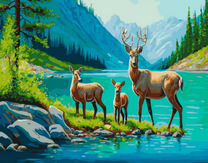 Семейство оленей на реке среди гор