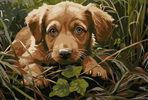 Милый щеночек в зелёной траве